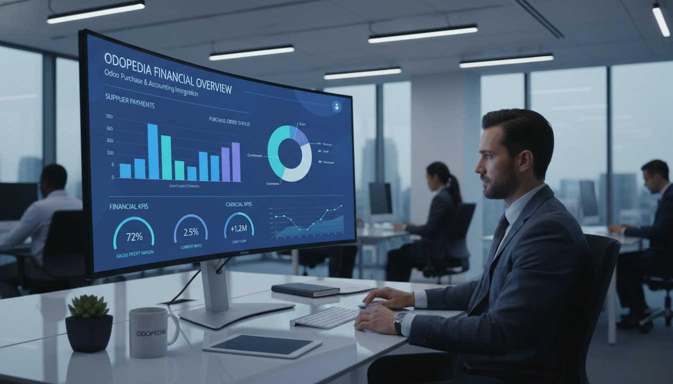 Directeur financier consultant le tableau de bord d'intégration Odoo comptabilité achats sur un écran moderne