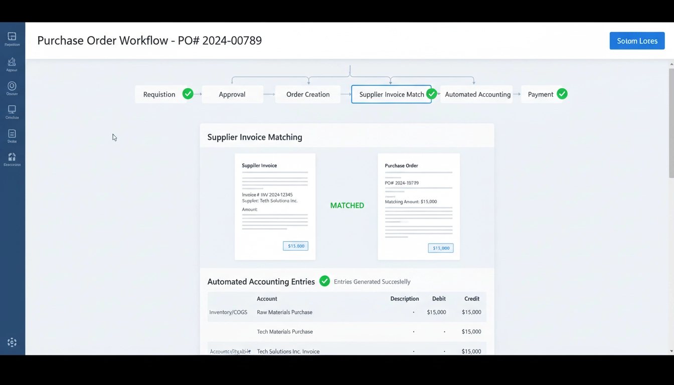 Flux automatisé de rapprochement facture fournisseur et bon de commande dans le module Odoo comptabilité achats