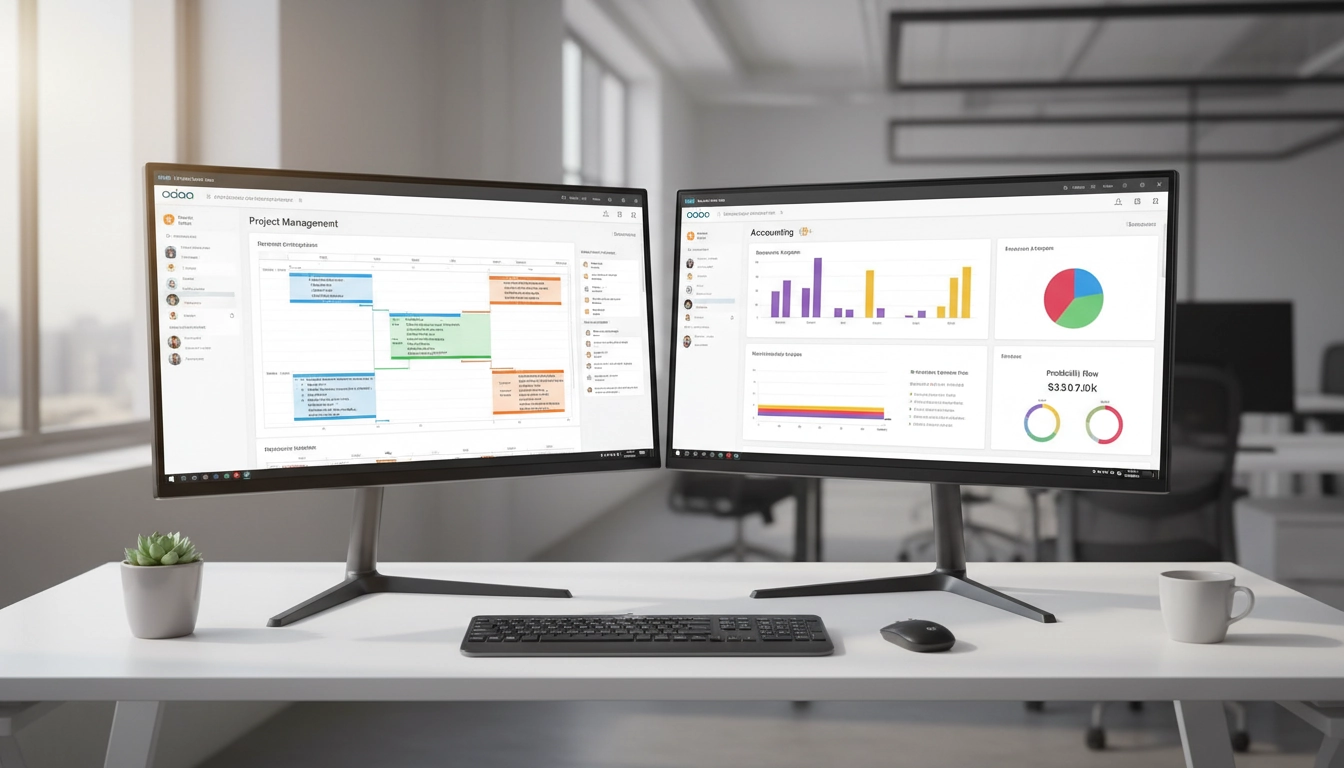 Tableau de bord Odoo comptabilité projets affiché sur deux écrans avec graphiques de rentabilité et suivi financier en temps réel