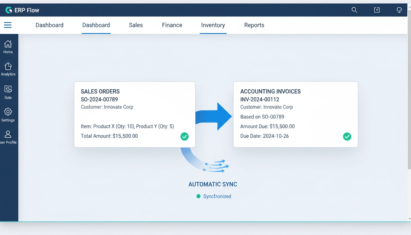 Tableau de bord Odoo comptabilité ventes avec flux automatisé entre commandes et factures comptables
