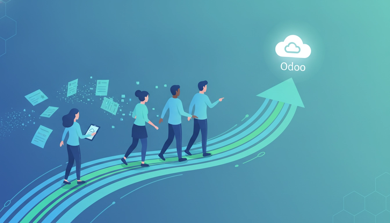 Un gestionnaire comptable aide ses collègues à accompagner équipes dématérialisation factures Odoo sur un écran.