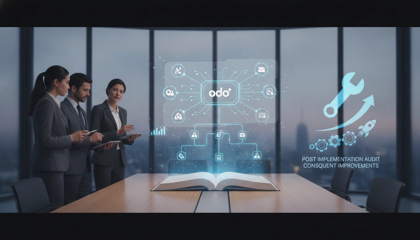 Un consultant analysant des données sur un écran Odoo pour des actions correctives après audit post-implémentation Odoo
