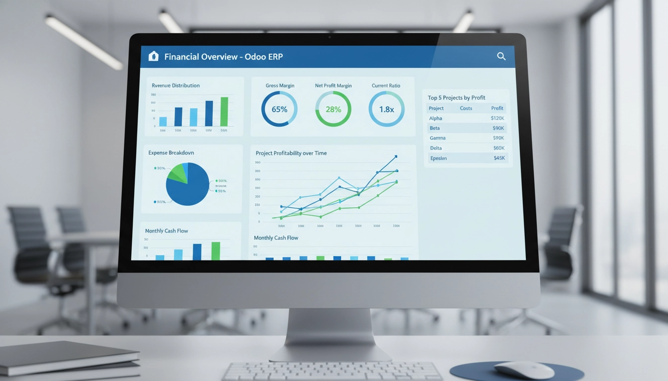 Tableau de bord d'analyse rentabilité Odoo avec graphiques de marge et indicateurs de performance par projet