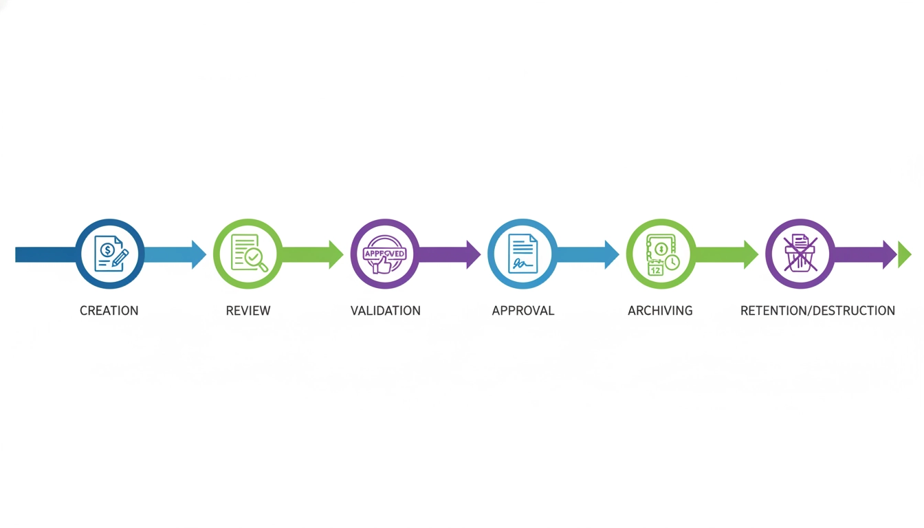 Infographie représentant le cycle de vie des documents financiers dans Odoo de la création à l'archivage légal