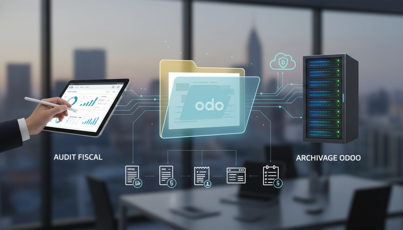 Un expert comptable utilisant l'interface Odoo pour un audit fiscal archivage documents comptables odoo sécurisé.