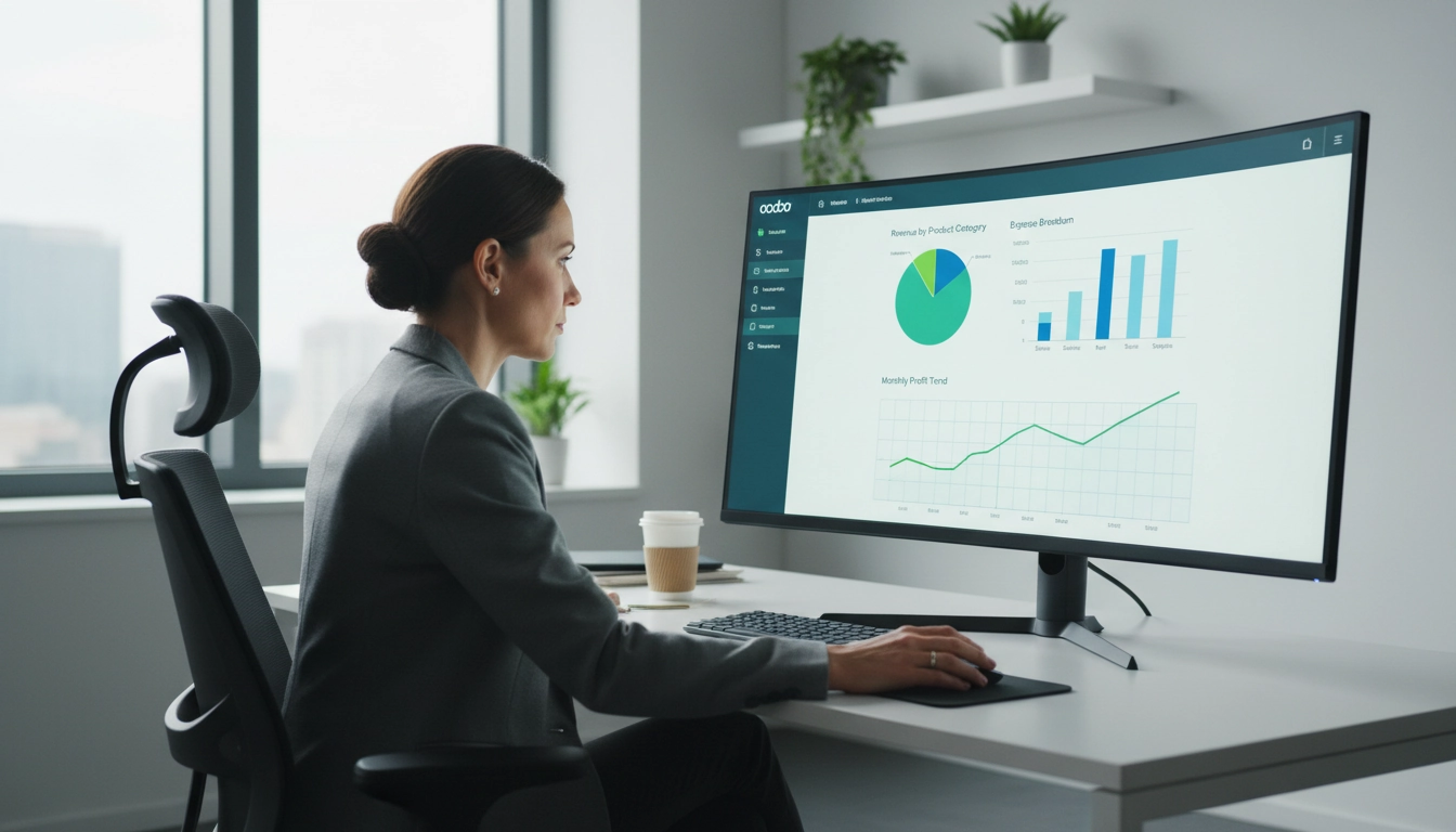 Expert consultant analysant les résultats d'un audit post-implémentation Odoo sur un tableau de bord financier