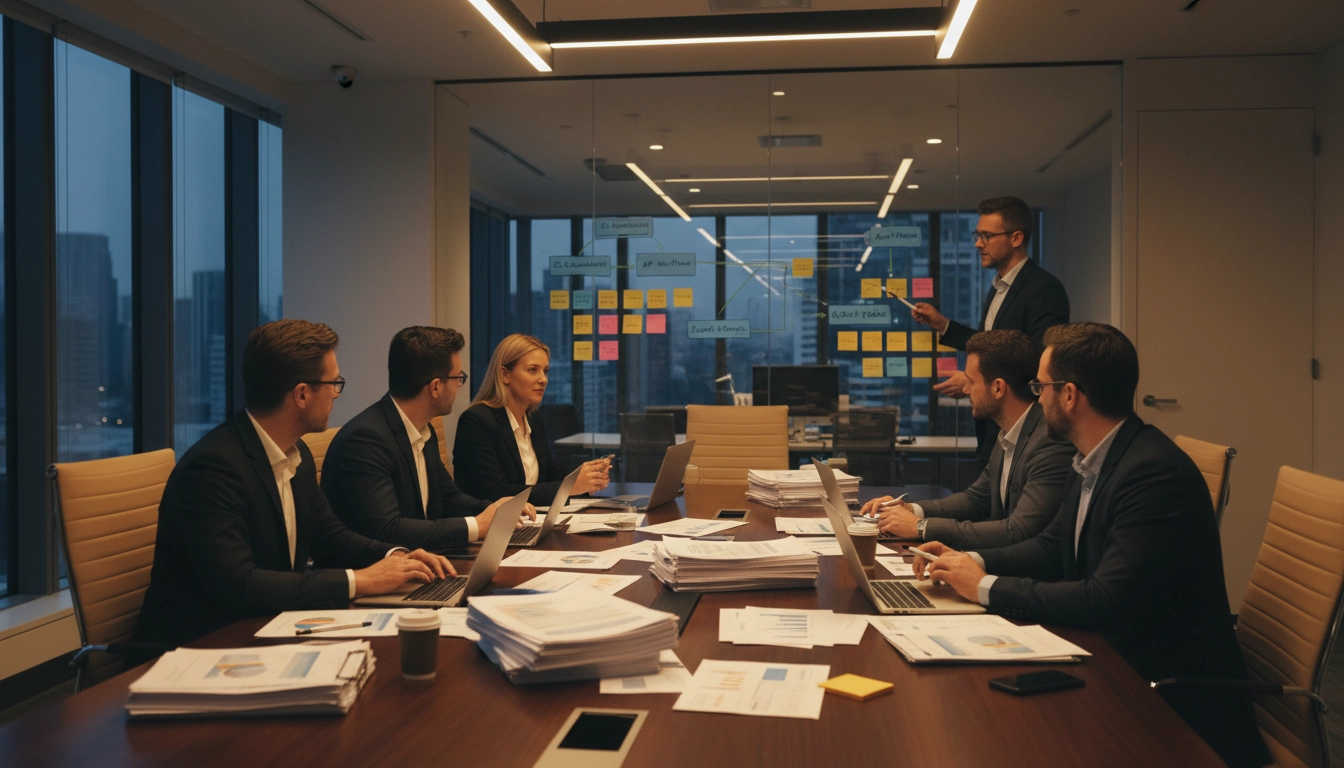 Équipe projet réalisant les étapes clés d'un audit post-implémentation Odoo en salle de réunion