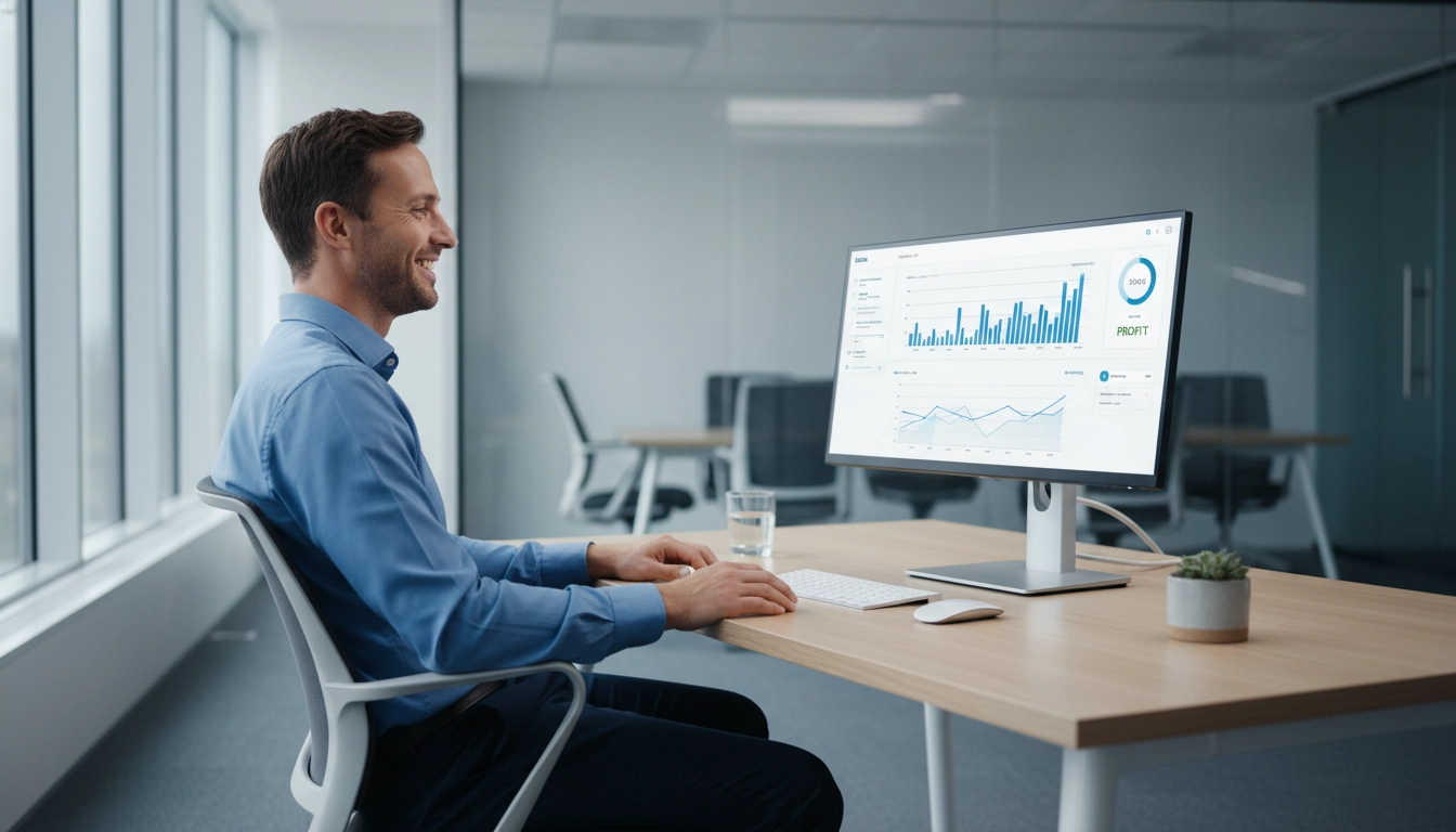 Expert comptable souriant grâce à l'automatisation des amortissements odoo dans son bureau