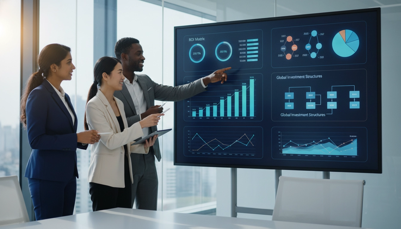 Équipe financière analysant les rapports comptables et le retour sur investissement