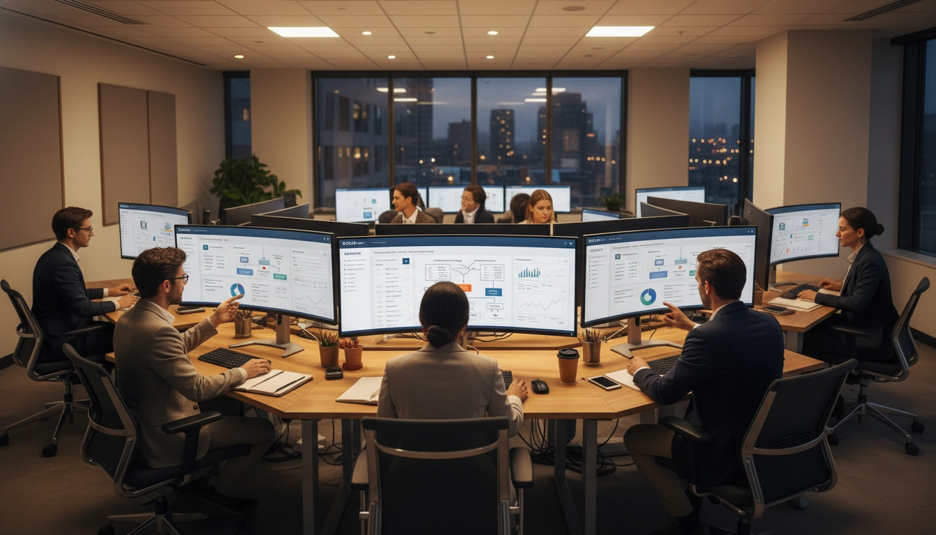 Équipe financière utilisant l'automatisation comptable Odoo pour gérer les notes de frais en temps réel