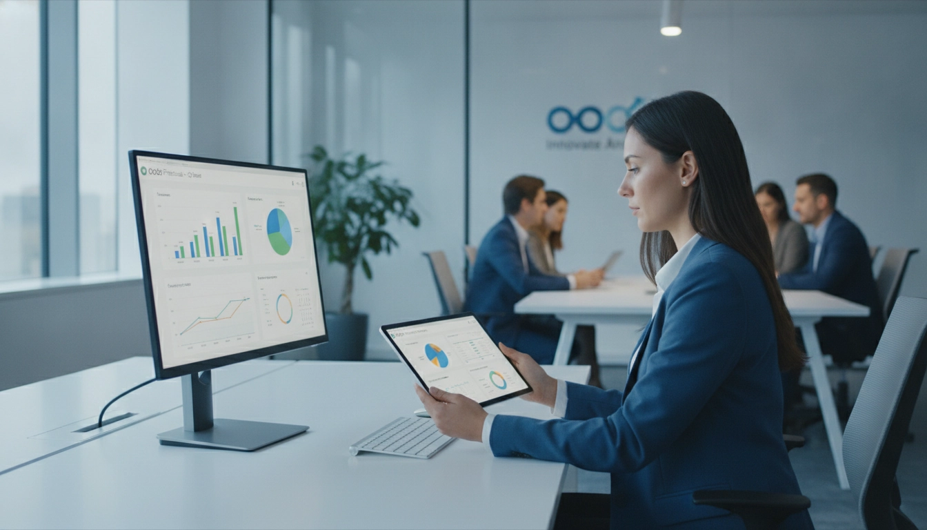 Un analyste financier utilisant l'automatisation processus budgétaire Odoo sur tablette.
