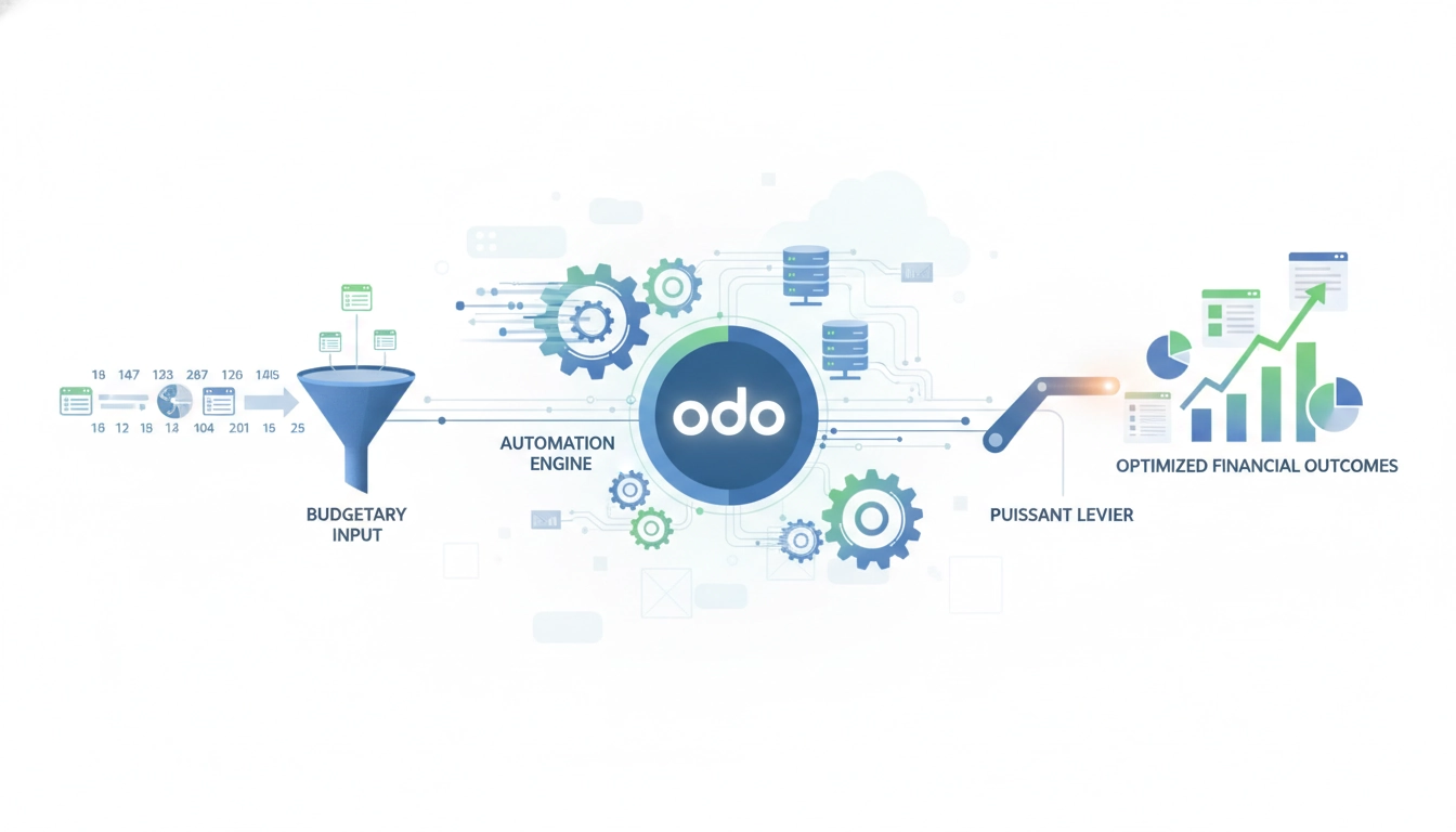 Tableau de bord financier montrant l'automatisation processus budgétaire Odoo sur un écran moderne.
