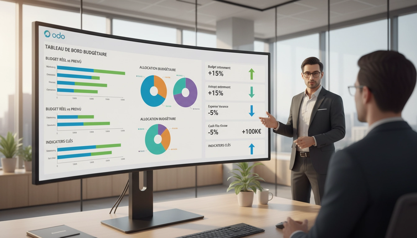 Tableau de bord de budgétisation Odoo avec comparaison des dépenses réelles et prévues en temps réel