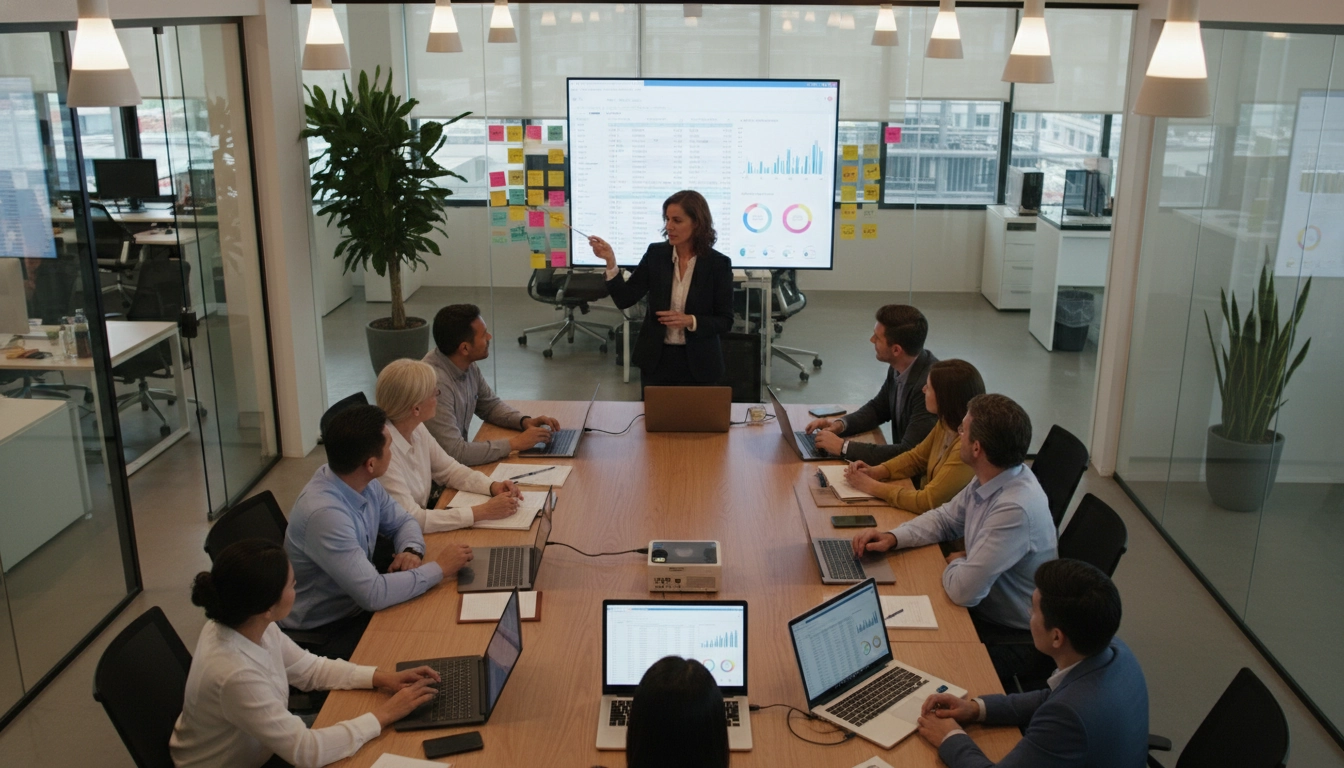 Équipe financière réalisant une analyse des écarts budgétaires dans un ERP Odoo lors d'une réunion stratégique