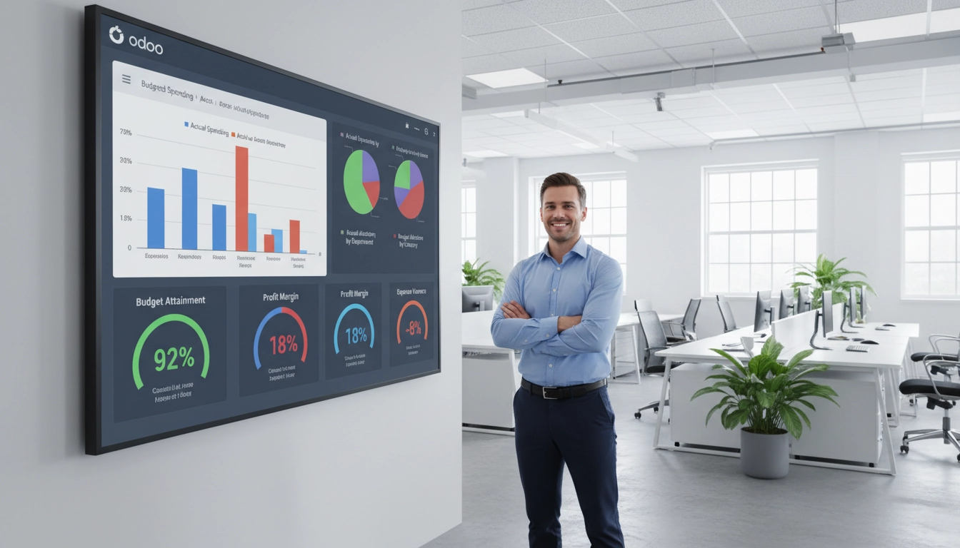 Tableau de bord des budgets analytiques Odoo avec comparaison budget réalisé par département