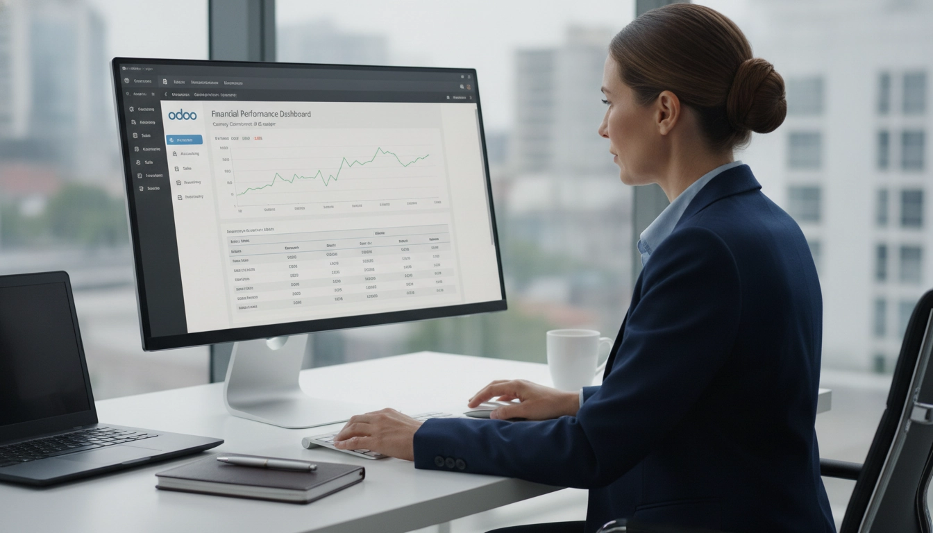 Expert comptable effectuant une clôture comptable multi-devises Odoo ajustements fin de période sur son écran