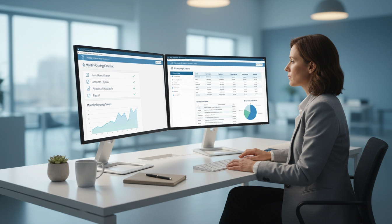 Comptable préparant la clôture comptable Odoo sur un tableau de bord mensuel