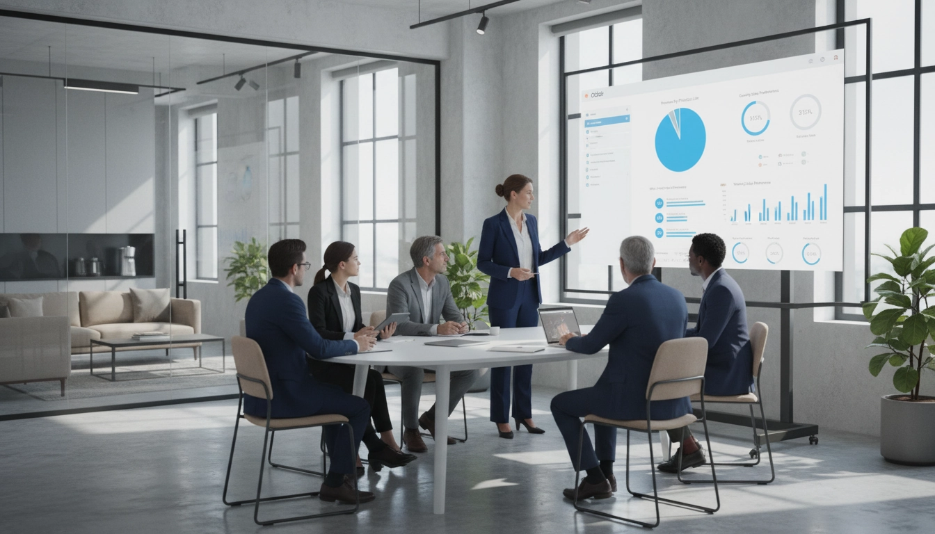 Équipe financière analysant les rapports de comptabilité analytique Odoo lors d'une réunion de pilotage