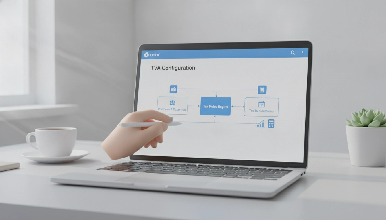 Tableau de bord comptable montrant une configuration TVA Odoo déclarations fiscales optimisée