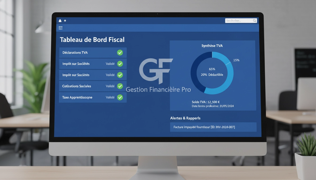 Tableau de bord illustrant la conformité fiscale Odoo avec indicateurs de TVA et déclarations validées