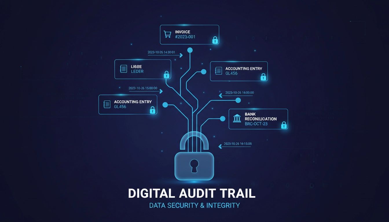 Représentation visuelle de la piste d'audit fiable Odoo reliant factures et écritures comptables