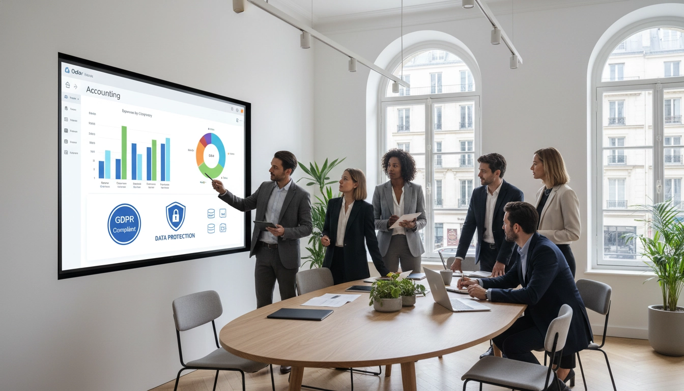 Équipe d'entreprise analysant les rapports de conformité fiscale et RGPD dans le module comptable Odoo