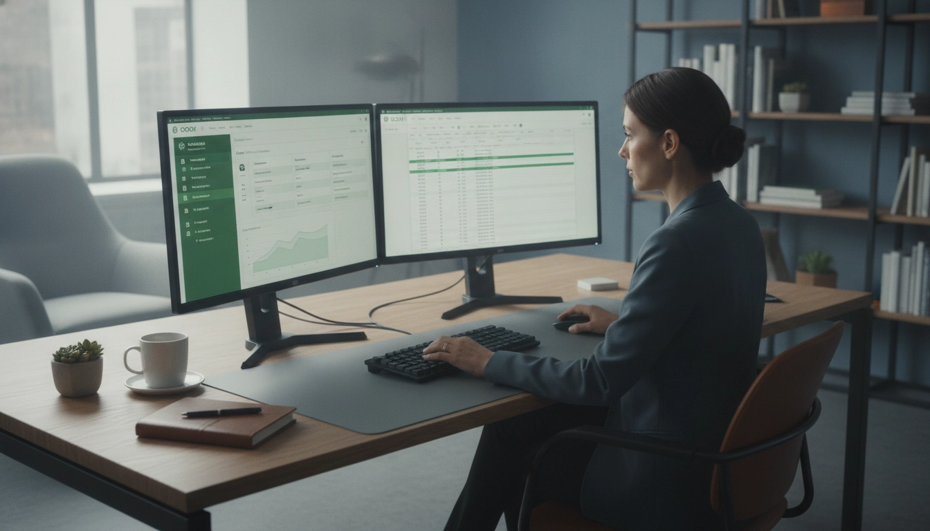 Expert comptable effectuant des contrôles internes avant clôture comptable Odoo sur un écran d'ordinateur
