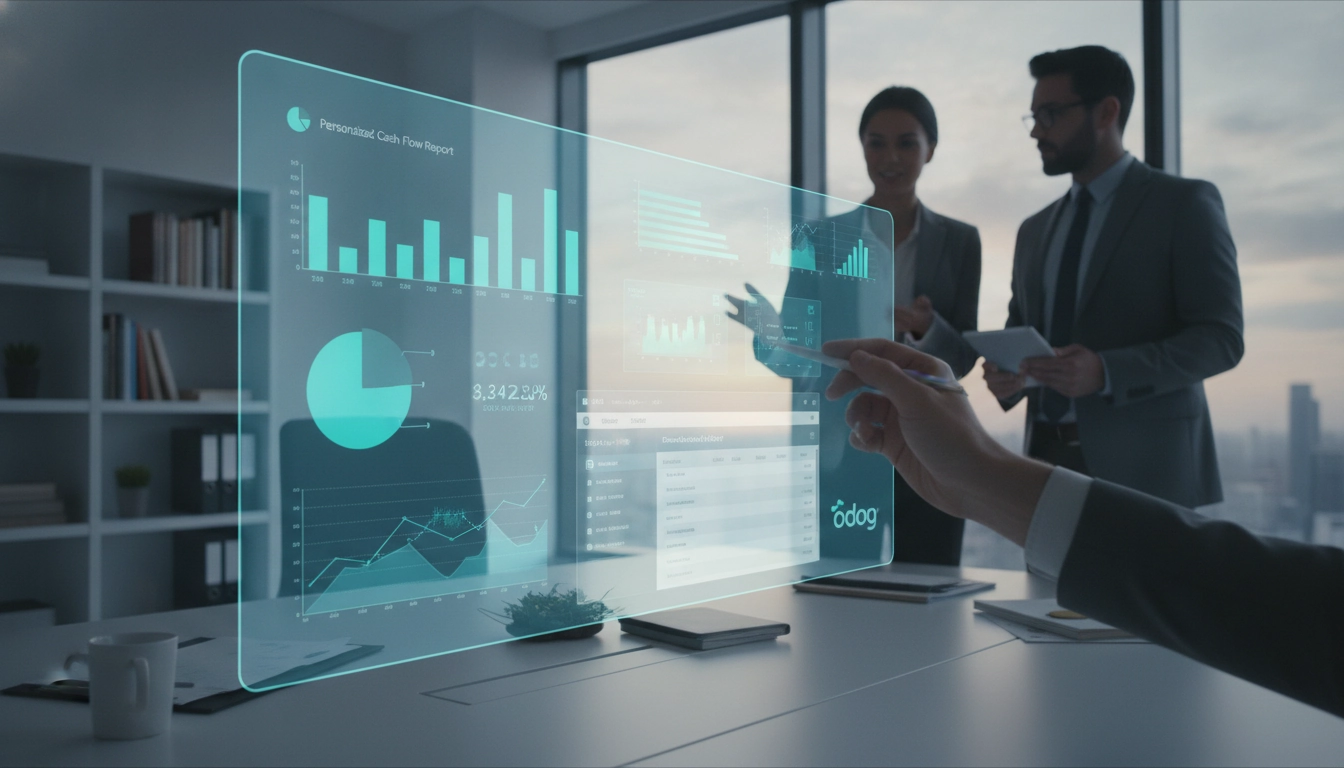 Interface de paramétrage pour créer rapport de trésorerie personnalisé Odoo dans le tableau de bord financier.