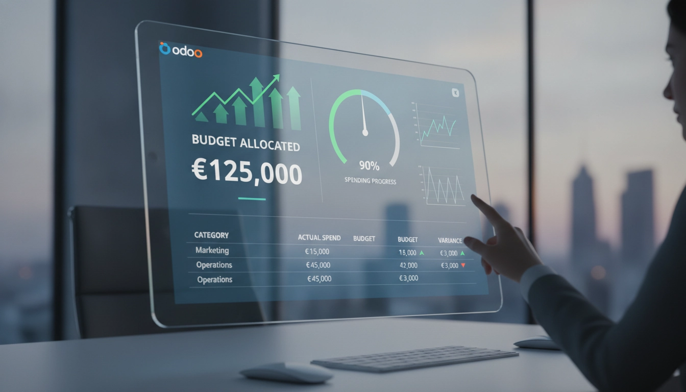 Un professionnel utilisant un écran d'ordinateur pour créer tableau de bord Odoo suivi budgétaire temps réel.