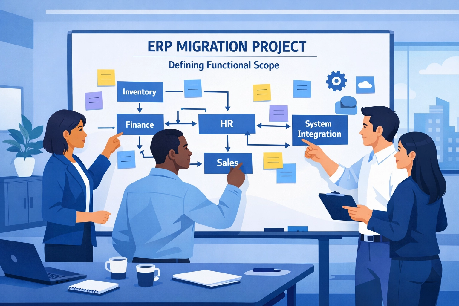 Équipe métier en atelier pour définir le périmètre fonctionnel lors de la planification d'une migration Odoo