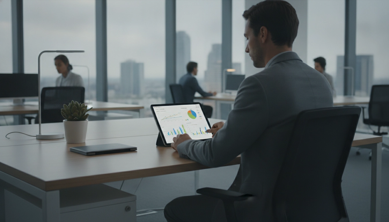 Consultant analysant la différence entre budgets prévisionnels et réels dans Odoo analytique sur tablette.
