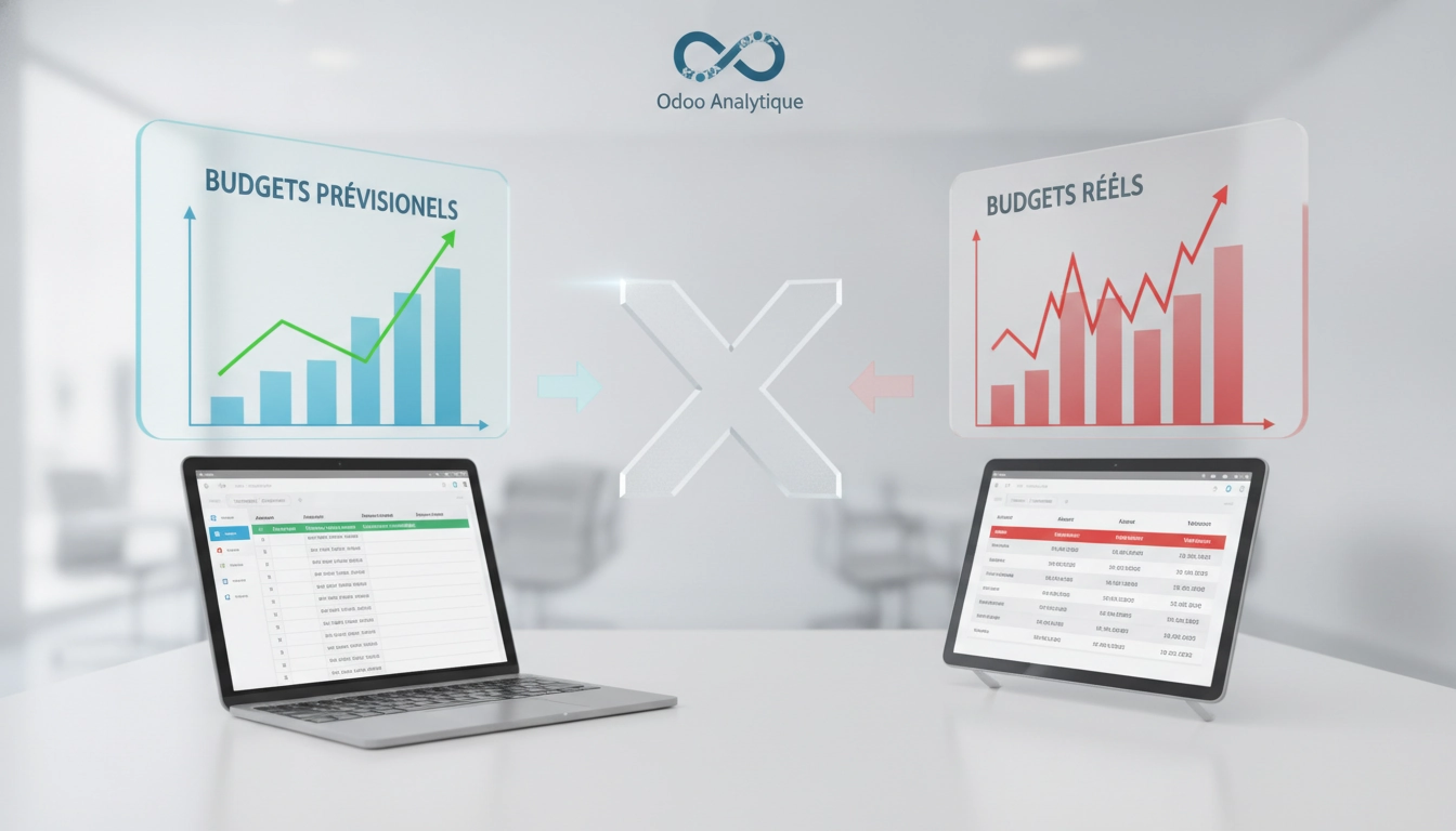 Tableau de bord affichant la différence entre budgets prévisionnels et réels dans Odoo analytique pour un pilotage financier précis.