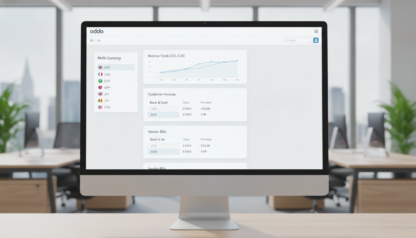 Tableau de bord Odoo pour enregistrer transactions multi-devises Odoo comptabilité