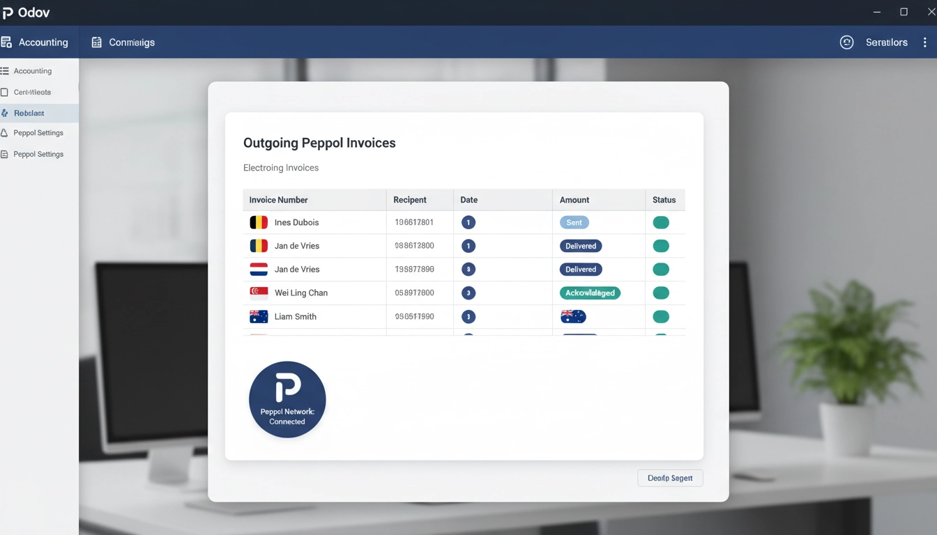 Tableau de bord Odoo affichant la configuration de la facturation électronique internationale Peppol Odoo avec statuts de livraison par pays