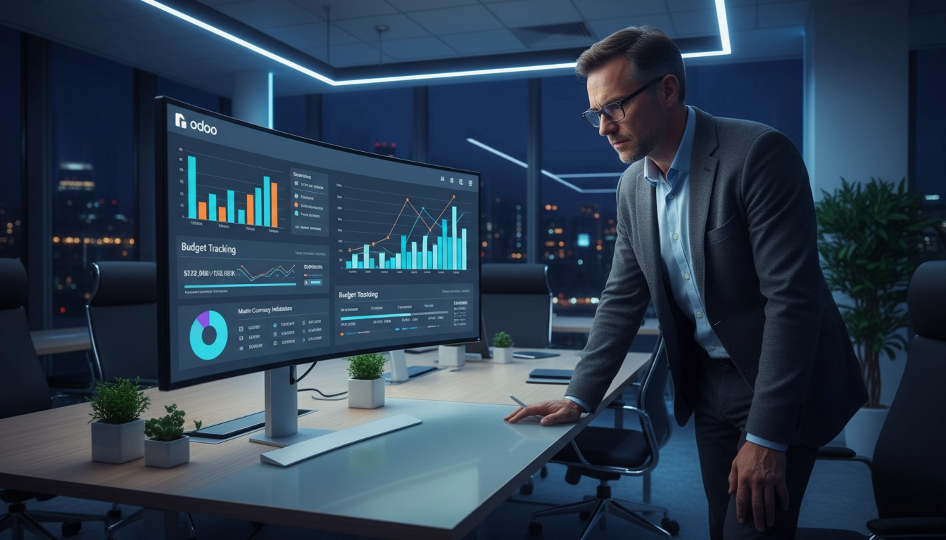 Professionnel utilisant les fonctionnalités avancées Odoo comptabilité sur un tableau de bord analytique