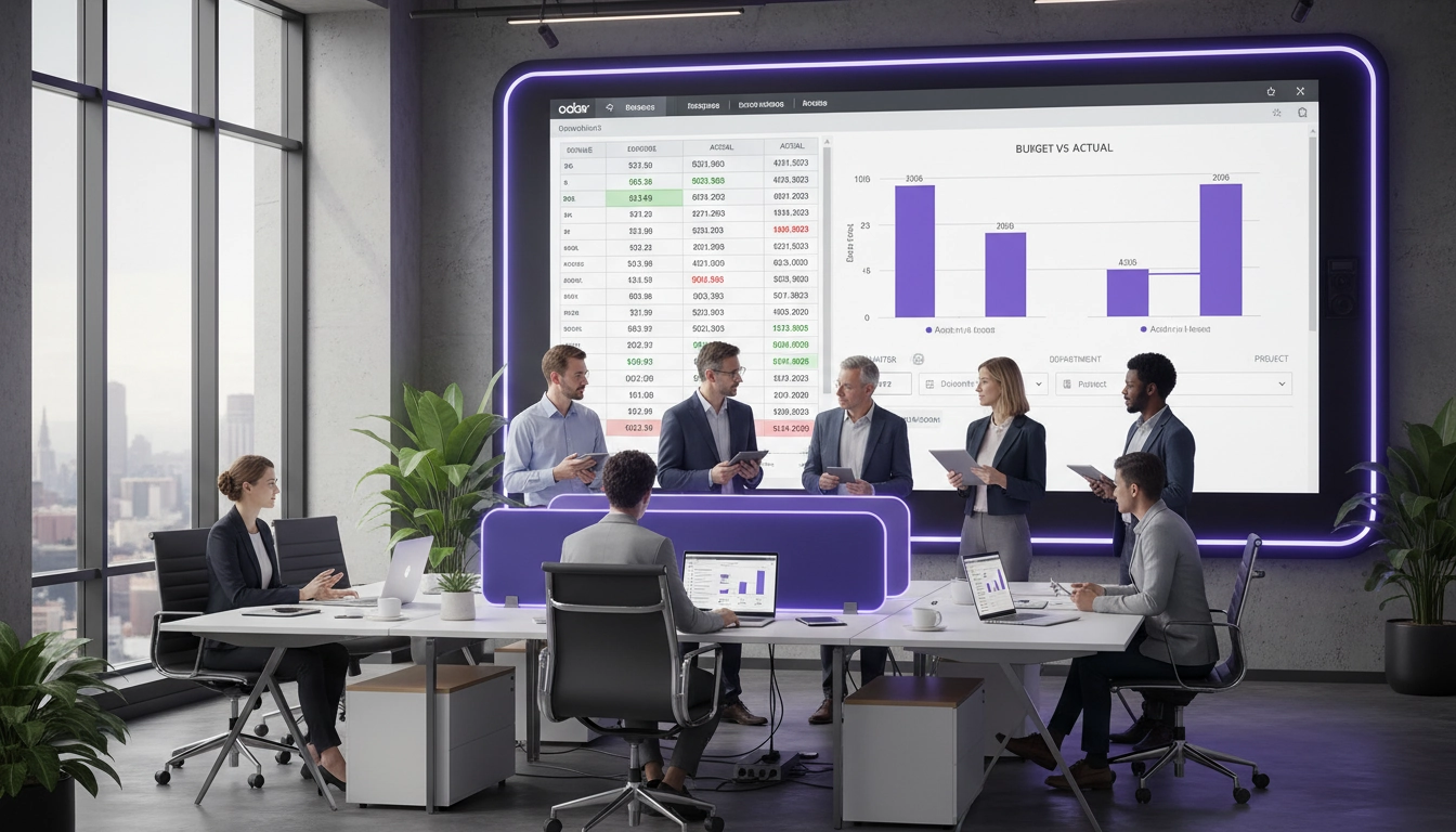 Équipe financière collaborant sur Odoo Spreadsheet avec données comptables synchronisées en temps réel