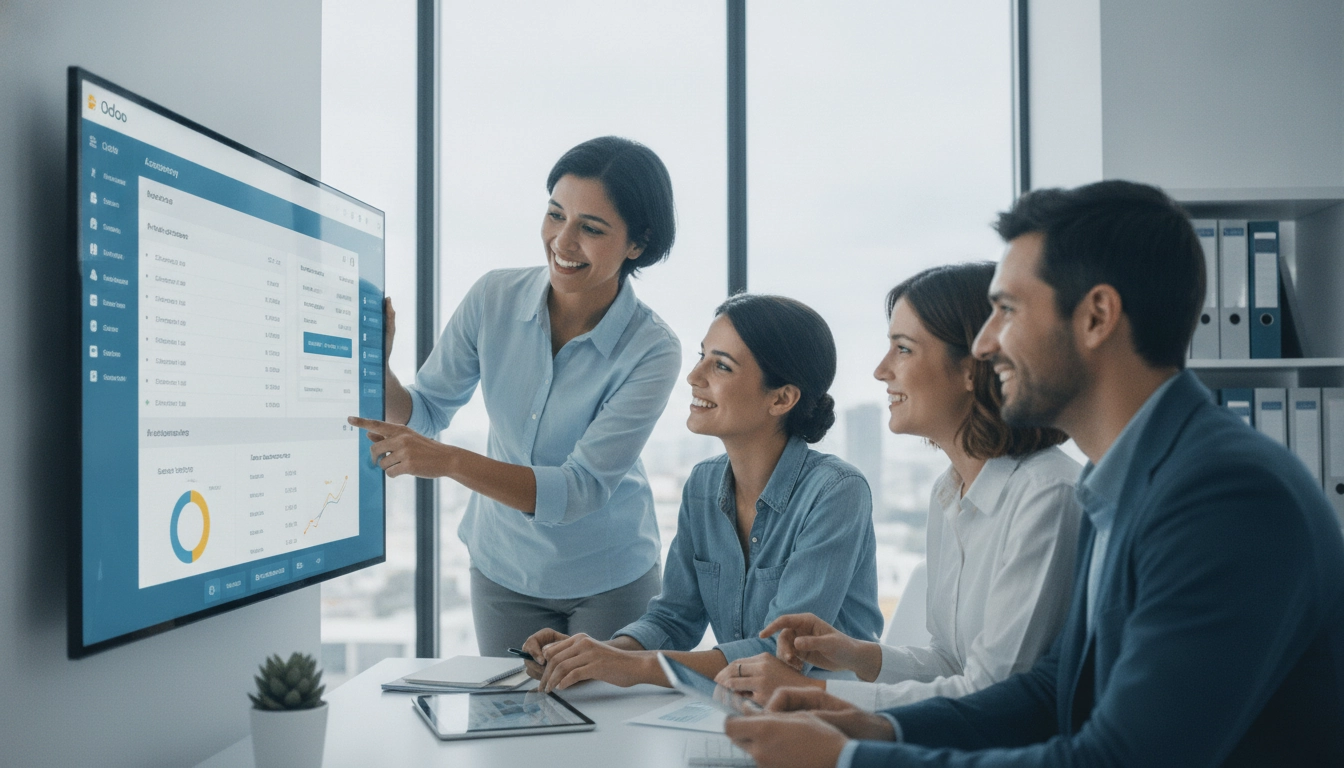 Une équipe comptable attentive participant à une formation utilisateurs Odoo comptabilité dans un bureau moderne.