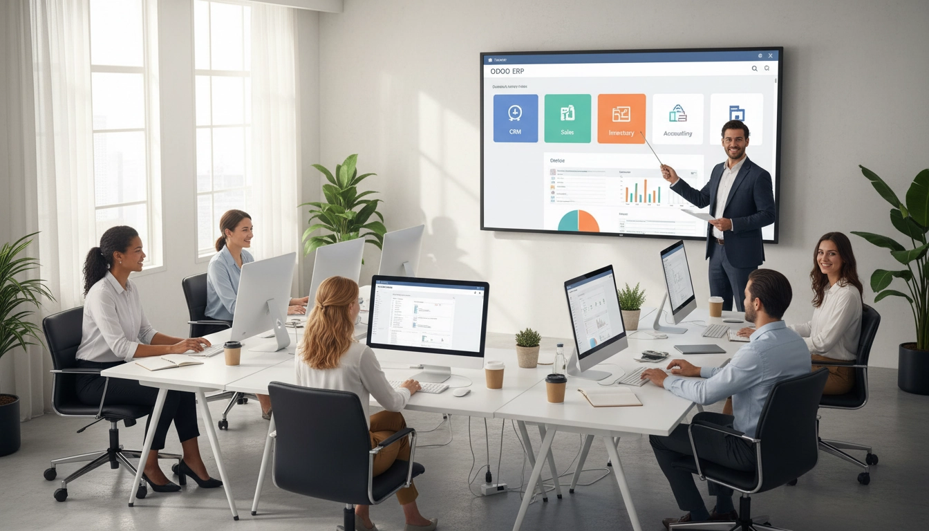 Session de formation utilisateurs Odoo en salle avec formateur et écran de projection