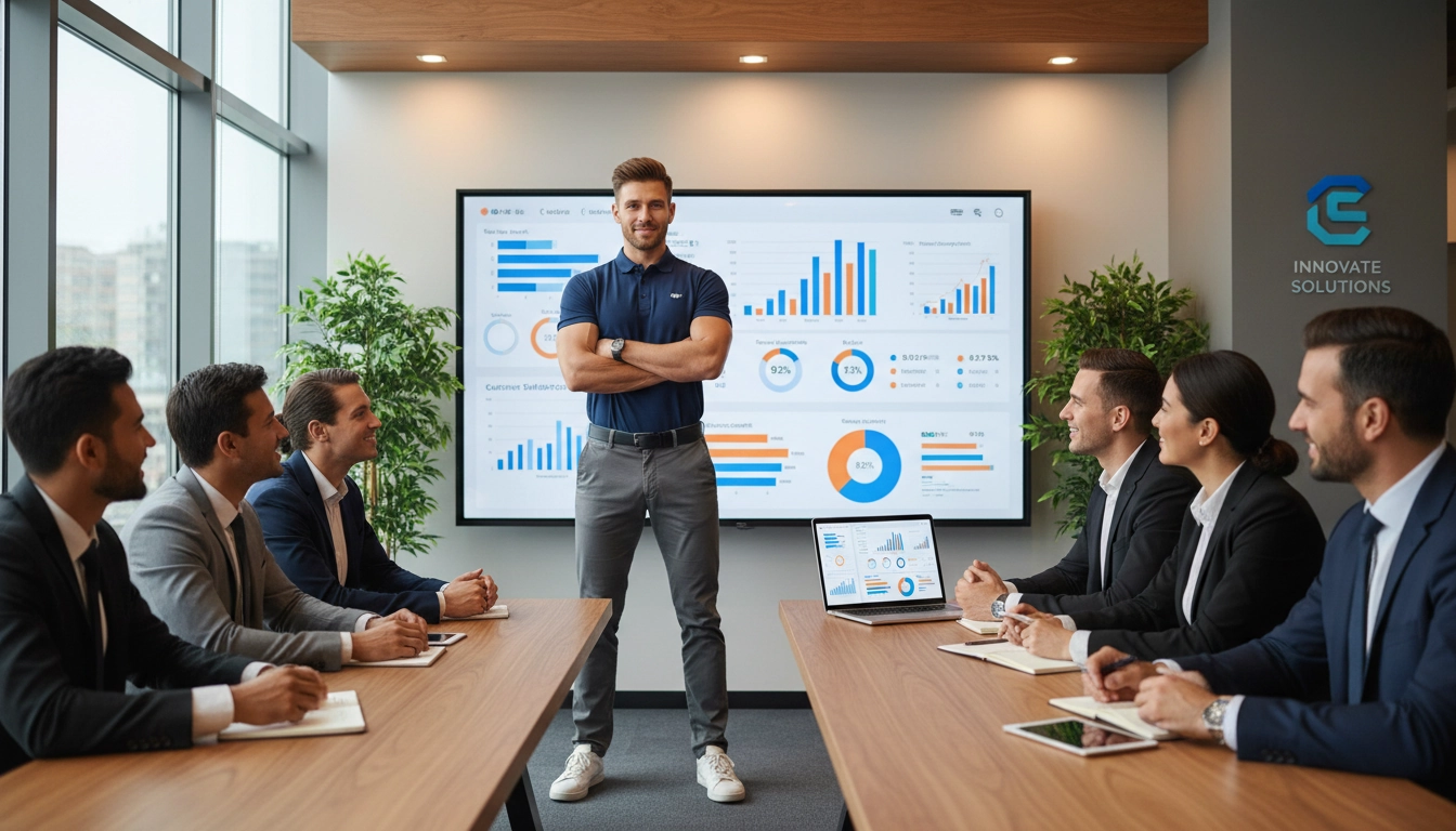 Formateur Odoo présentant des métriques de performance à une équipe en salle