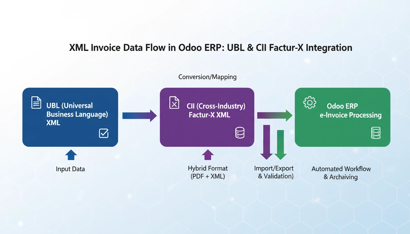 Comparaison visuelle des formats XML UBL et CII pour la facturation Odoo avec flux de données