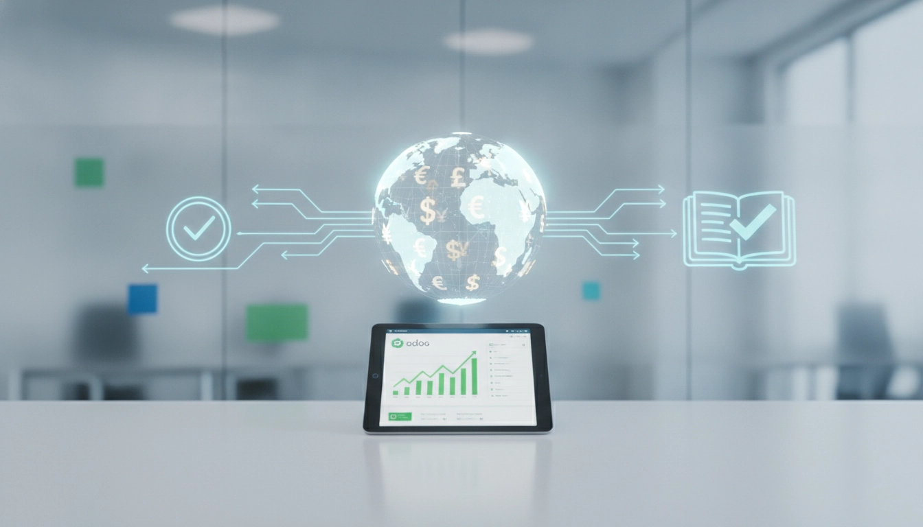 Tableau de bord financier montrant une interface pour gérer clôture comptable multi-devises Odoo