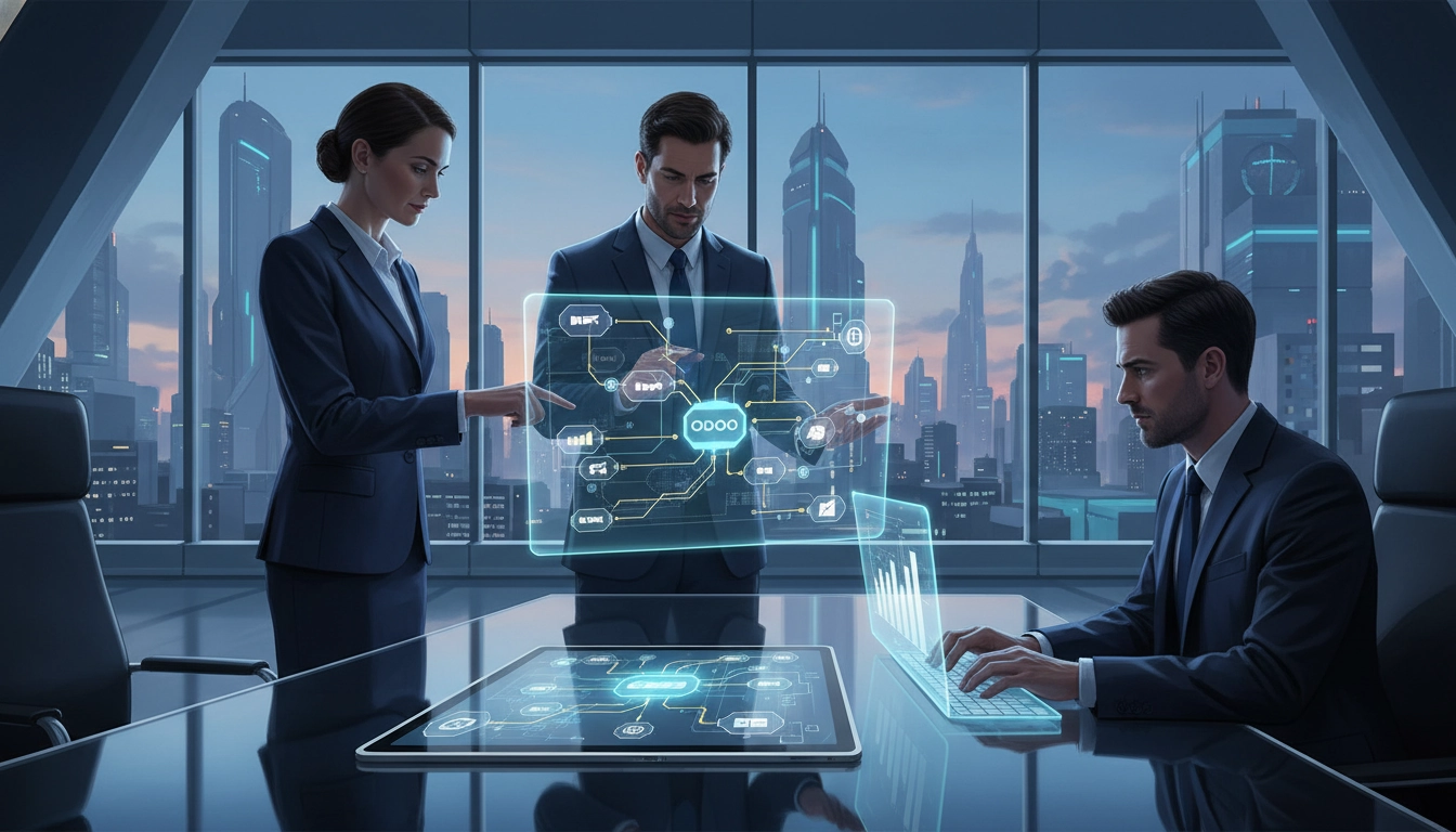 Interface de gestion financière multi-sociétés sur Odoo montrant des graphiques de performance consolidés.