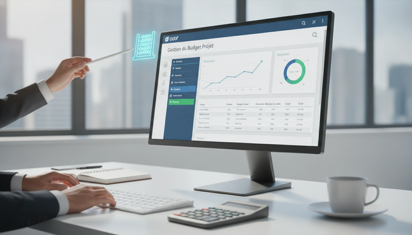Gestion budget projet odoo comptabilité affichée sur un tableau de bord professionnel.