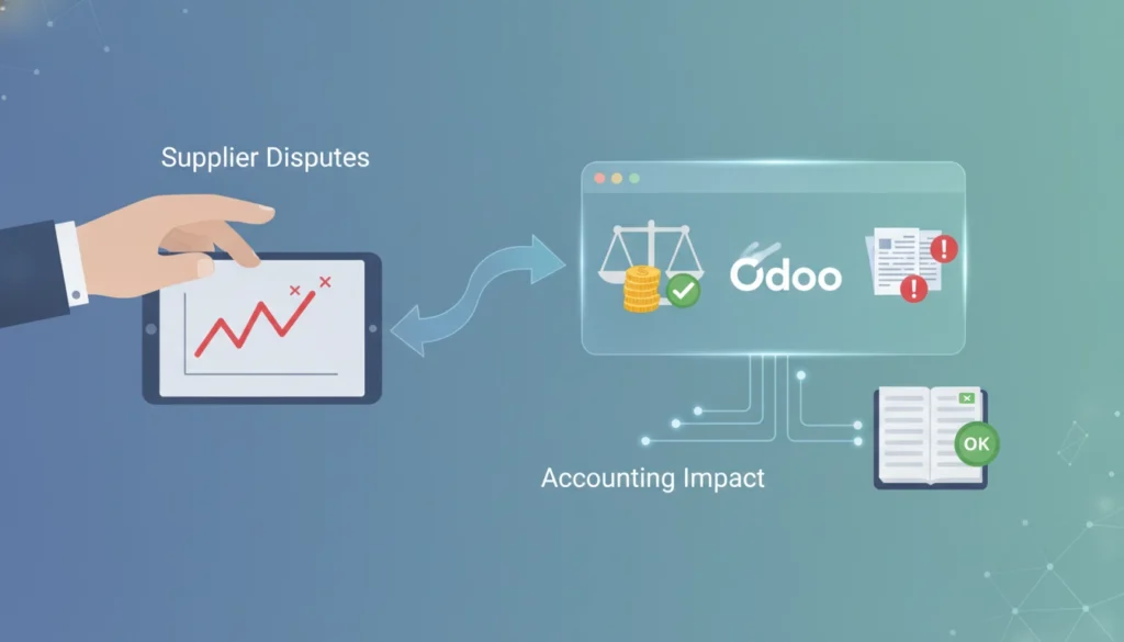 Tableau de bord Odoo montrant la gestion litiges fournisseurs impact comptabilité odoo