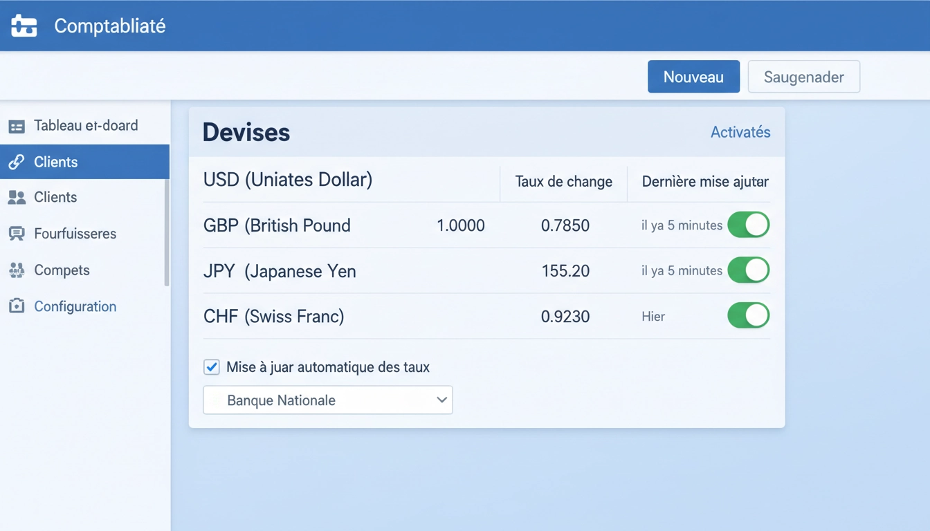 Configuration de la gestion multi-devises Odoo dans le module Comptabilité avec les devises USD, GBP et JPY activées