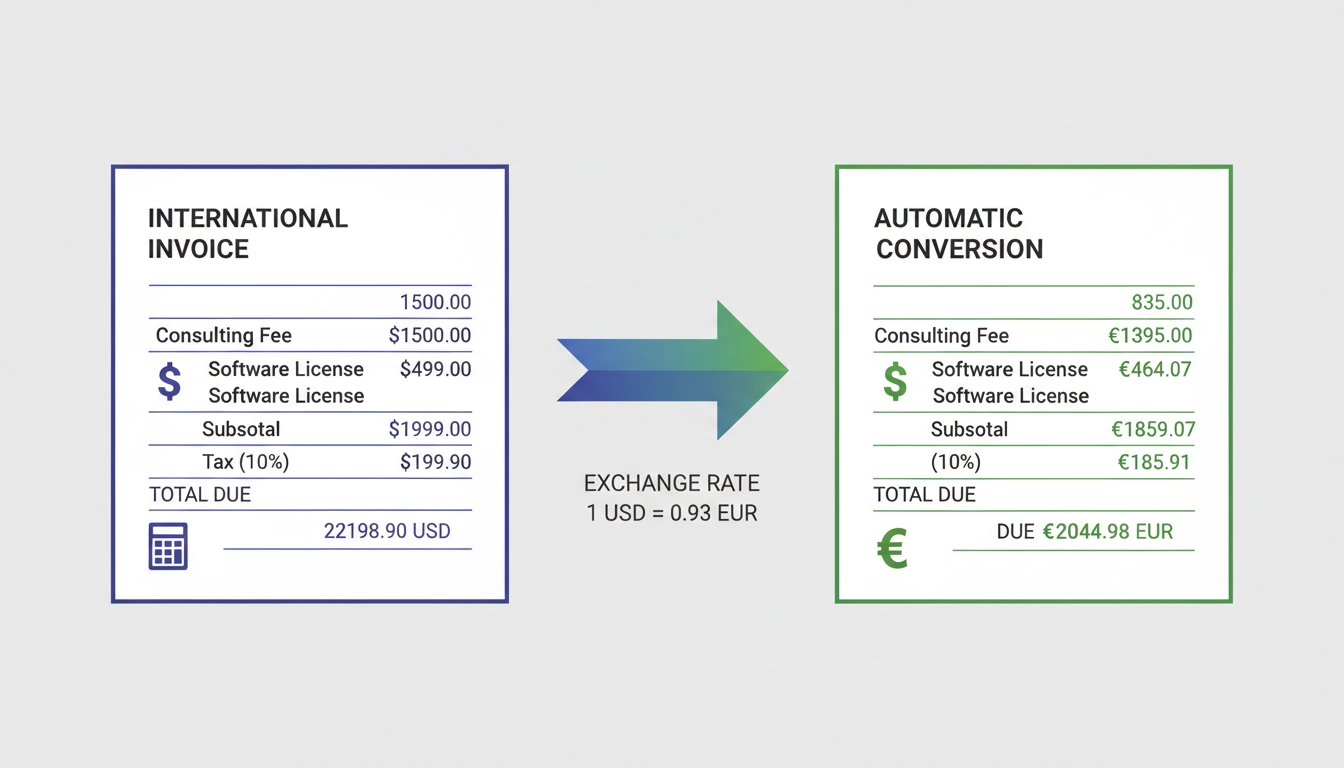 Illustration de la facturation multi-devises avec conversion automatique en euros dans le cadre de la gestion multi-devises Odoo