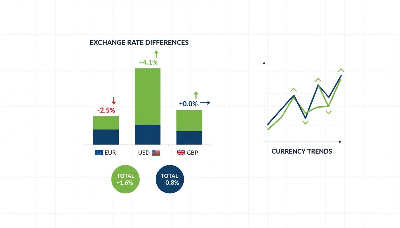Tableau de bord de rapports financiers multi-devises dans Odoo montrant les gains et pertes de change par devise