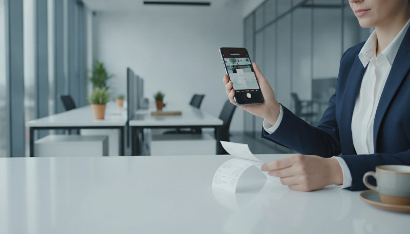 Un collaborateur utilisant la gestion notes frais mobile Odoo pour scanner un ticket