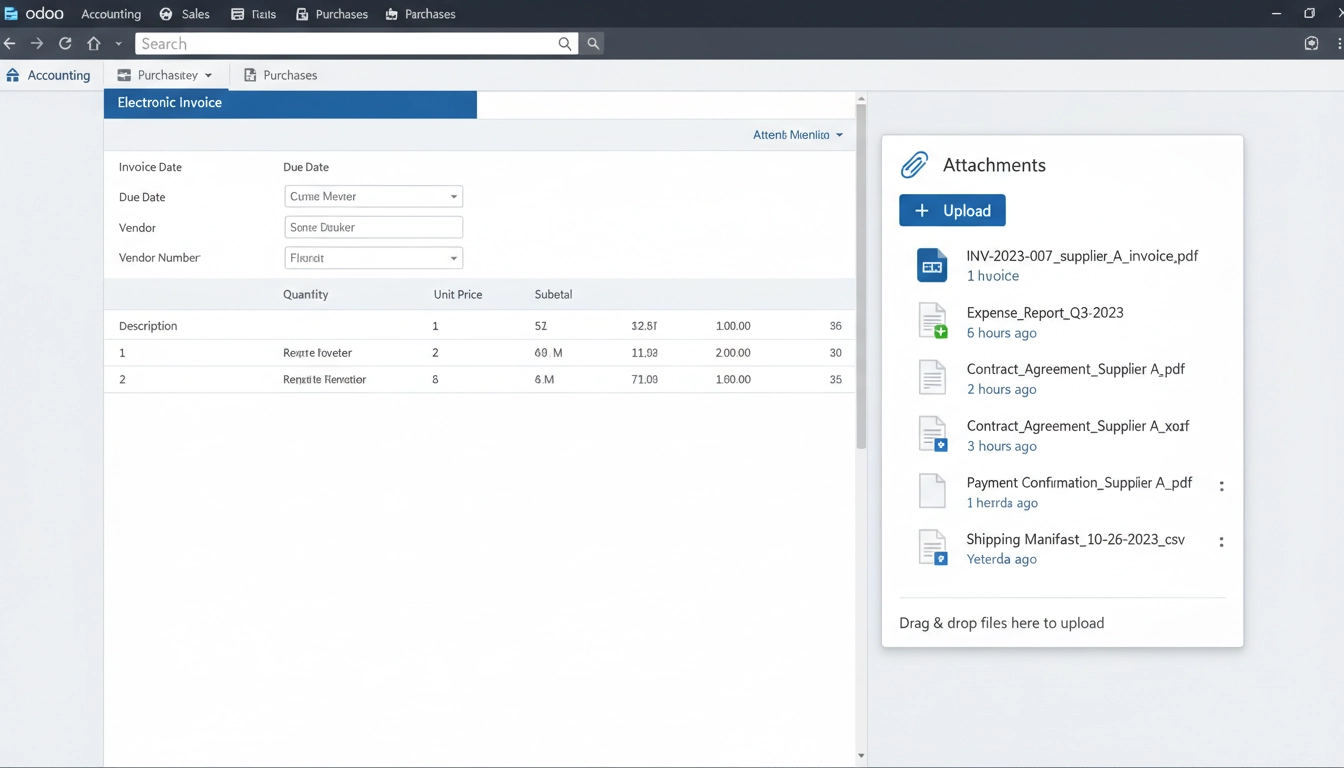 Gestion pièces jointes factures électroniques Odoo avec interface d'organisation des documents comptables