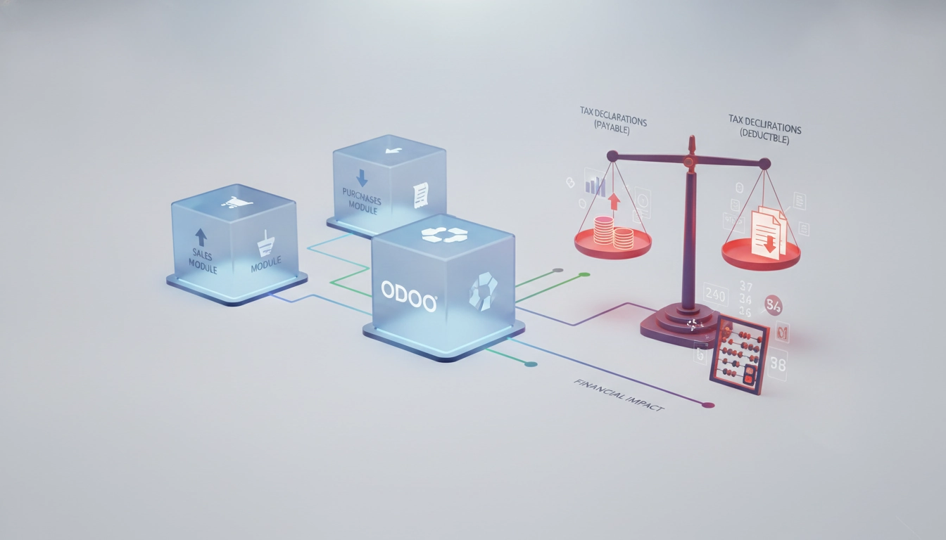 Tableau de bord comptable montrant l'impact ventes achats déclarations fiscales Odoo